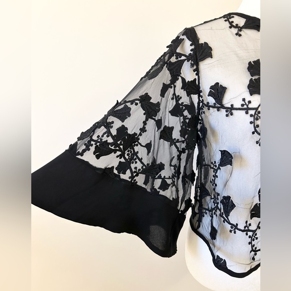 Black Elegant Sheer Organza Floral Embroidered Top, Evening - size Medium - Picture 3 of 5